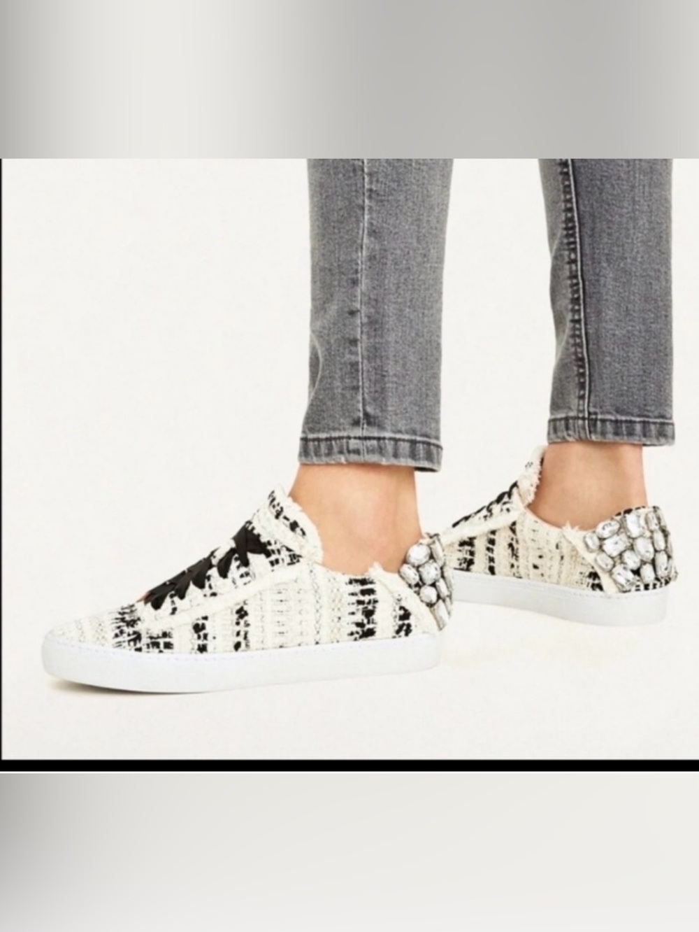 Zara Tweed Cream and Black Jeweled Sneakers